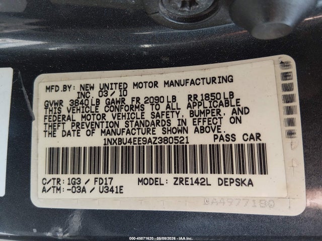 Продажа на аукционе авто 2010 Toyota Corolla S, vin: 1NXBU4EE9AZ380521, номер лота: 45071620