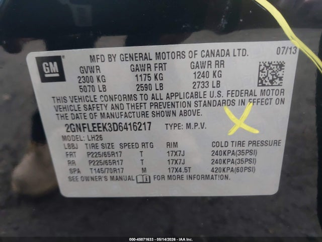 Продаж на аукціоні авто 2013 Chevrolet Equinox 1lt, vin: 2GNFLEEK3D6416217, номер лоту: 45071633