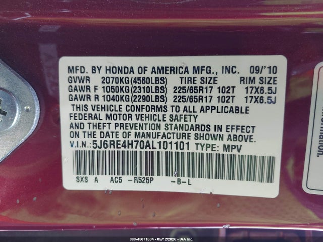Продажа на аукционе авто 2010 Honda Cr-v Ex-l, vin: 5J6RE4H70AL101101, номер лота: 45071634