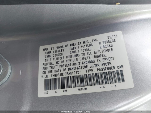 45071635 :رقم المزاد ، 1HGCS1B73BA010527 vin ، 2011 Honda Accord 2.4 Ex مزاد بيع