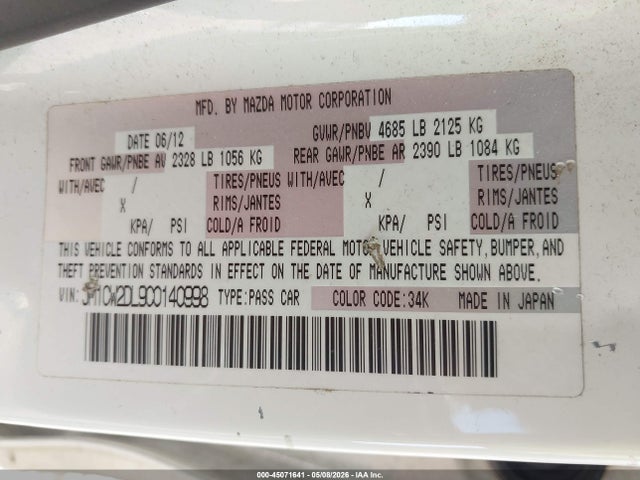 Продажа на аукционе авто 2012 Mazda Mazda5 Grand Touring, vin: JM1CW2DL9C0140998, номер лота: 45071641