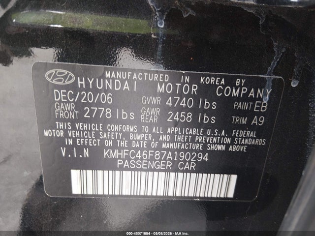 Продаж на аукціоні авто 2007 Hyundai Azera Limited/se, vin: KMHFC46F87A190294, номер лоту: 45071654