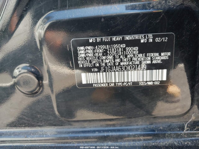 45071656 :رقم المزاد ، JF1GJAA63CH021439 vin ، 2012 Subaru Impreza 2.0i مزاد بيع