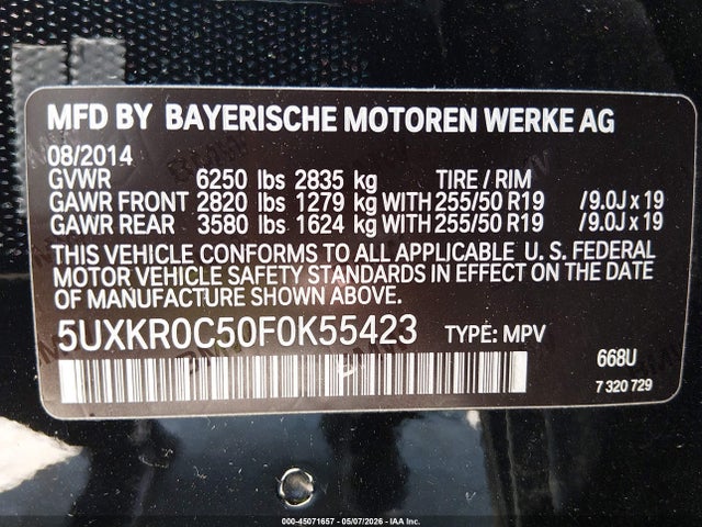 Aukcja sprzedaży 2015 Bmw X5 Xdrive35i, vin: 5UXKR0C50F0K55423, numer aukcji: 45071657