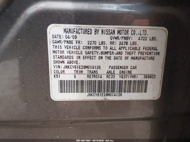 2009 Infiniti G37 Journey მანქანა იყიდება აუქციონზე, vin: JNKCV61E29M014126, აუქციონის ნომერი: 45071663