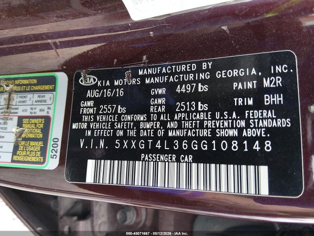 Продаж на аукціоні авто 2016 Kia Optima Lx, vin: 5XXGT4L36GG108148, номер лоту: 45071667