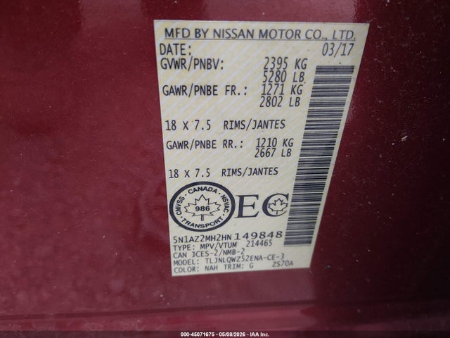 45071675 :رقم المزاد ، 5N1AZ2MH2HN149848 vin ، 2017 Nissan Murano Platinum/s/sl/sv مزاد بيع