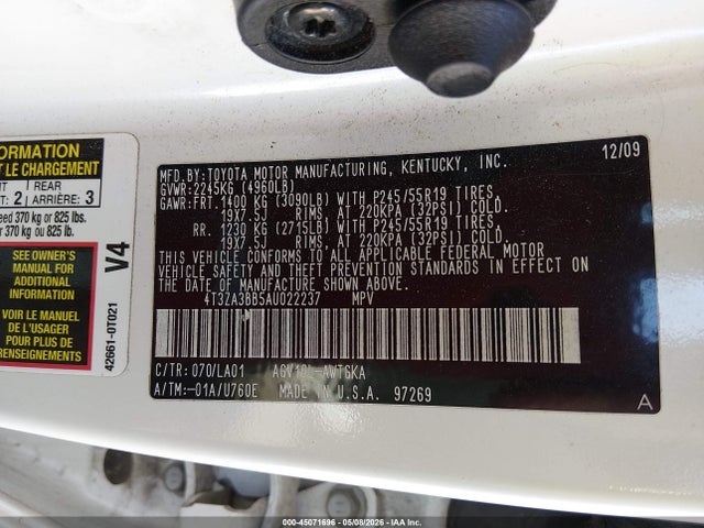 Aukcja sprzedaży 2010 Toyota Venza, vin: 4T3ZA3BB5AU022237, numer aukcji: 45071696