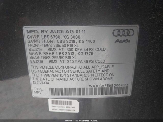 2011 Audi Q7 3.0t Premium მანქანა იყიდება აუქციონზე, vin: WA1LGAFE9BD007066, აუქციონის ნომერი: 45071704