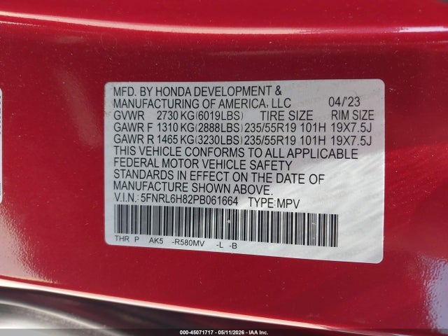 Honda Odyssey Touring 2023 5FNRL6H82PB061664 Image 9