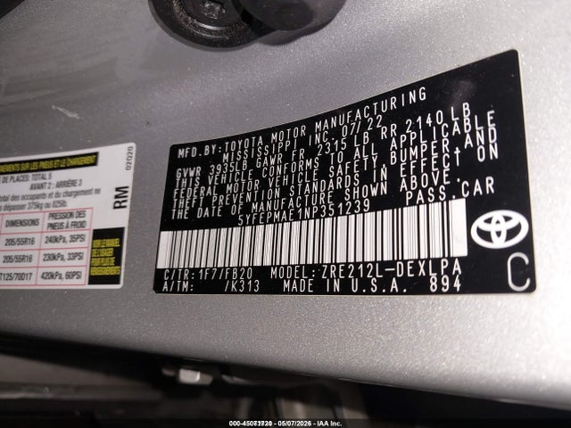 Aukcja sprzedaży 2022 Toyota Corolla Le, vin: 5YFEPMAE1NP351239, numer aukcji: 45071720