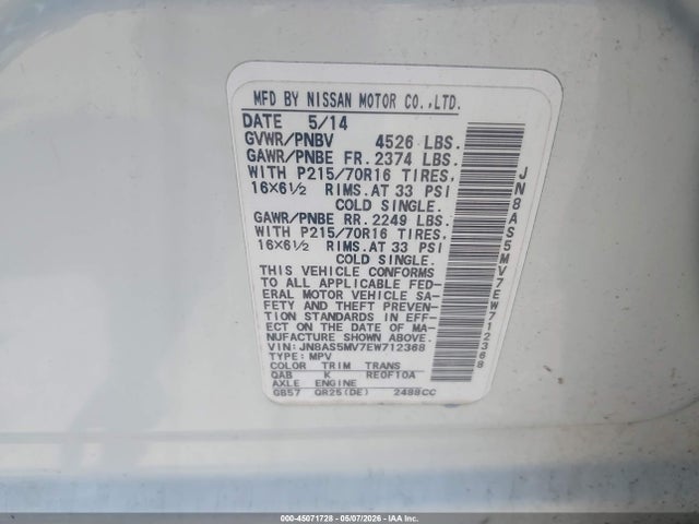 Aukcja sprzedaży 2014 Nissan Rogue Select S, vin: JN8AS5MV7EW712368, numer aukcji: 45071728