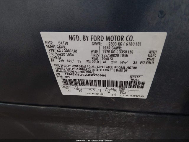 Aukcja sprzedaży 2018 Ford Explorer Xlt, vin: 1FM5K8D82JGB76986, numer aukcji: 45071733