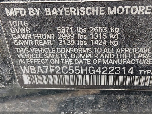 Aukcja sprzedaży 2017 Bmw Alpina B7 Xdrive, vin: WBA7F2C55HG422314, numer aukcji: 45071739