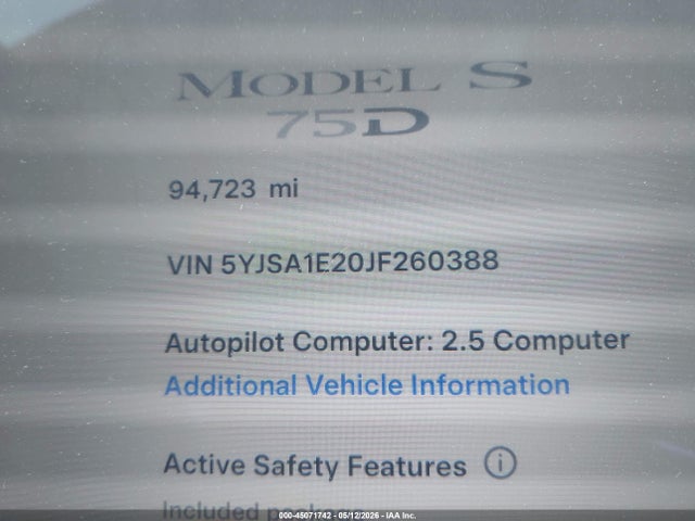 2018 Tesla Model S 100d/75d/p100d მანქანა იყიდება აუქციონზე, vin: 5YJSA1E20JF260388, აუქციონის ნომერი: 45071742