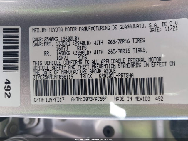 Aukcja sprzedaży 2022 Toyota Tacoma Trd Off Road, vin: 3TYCZ5AN1NT058119, numer aukcji: 45071746