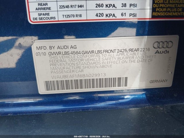 2011 Audi A3 2.0t Premium მანქანა იყიდება აუქციონზე, vin: WAUBEAFM6BA029913, აუქციონის ნომერი: 45071749