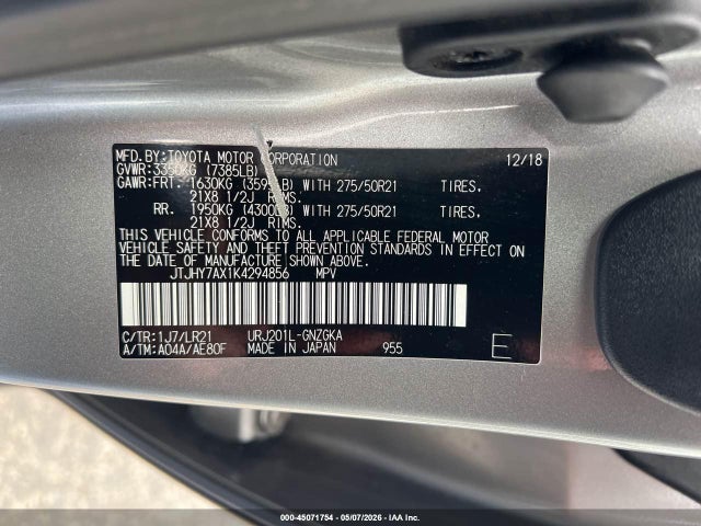 45071754 :رقم المزاد ، JTJHY7AX1K4294856 vin ، 2019 Lexus Lx 570 Two-row مزاد بيع