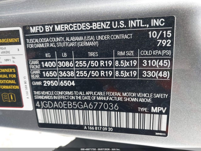 Aukcja sprzedaży 2016 Mercedes-benz Gle 300d 4matic, vin: 4JGDA0EB5GA677036, numer aukcji: 45071755