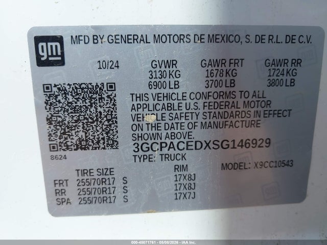 Aukcja sprzedaży 2025 Chevrolet Silverado 1500, vin: 3GCPACEDXSG146929, numer aukcji: 45071761