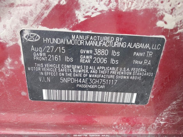 Auction sale of the 2016 Hyundai Elantra Se, vin: 5NPDH4AE3GH751117, lot number: 45071766
