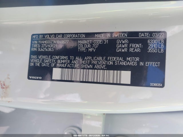 Продажа на аукционе авто 2022 Volvo Xc90 Recharge Plug-in Hybrid T8 Inscription Expression Extended Range 6p, vin: YV4H600Z3N1848677, номер лота: 45071778