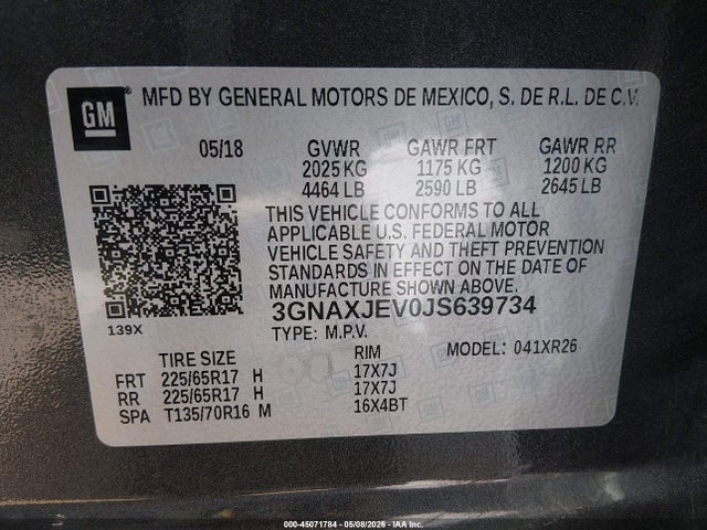 45071784 :رقم المزاد ، 3GNAXJEV0JS639734 vin ، 2018 Chevrolet Equinox Lt مزاد بيع