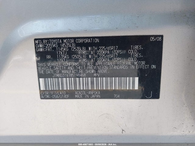 45071803 :رقم المزاد ، JTMBD31V785198468 vin ، 2008 Toyota Rav4 Limited مزاد بيع