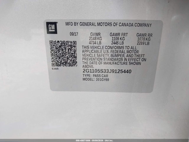 45071806 :رقم المزاد ، 2G1105S33J9125440 vin ، 2018 Chevrolet Impala 1lt مزاد بيع