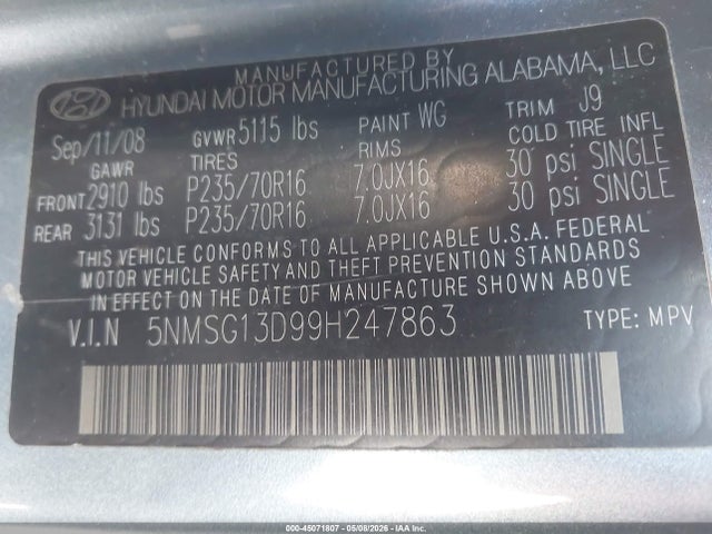 Aukcja sprzedaży 2009 Hyundai Santa Fe Gls, vin: 5NMSG13D99H247863, numer aukcji: 45071807