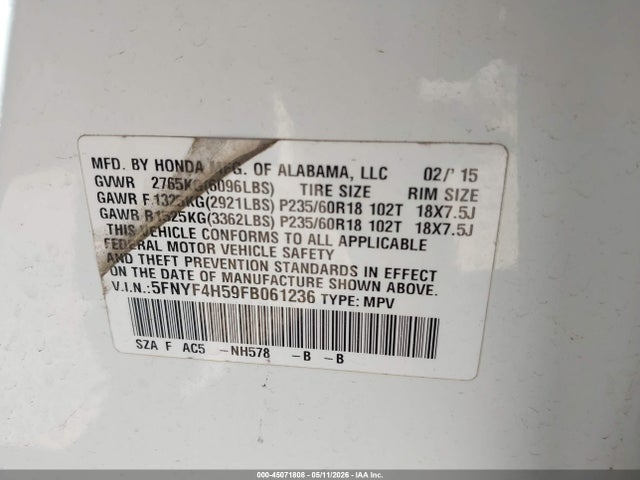 Aukcja sprzedaży 2015 Honda Pilot Ex-l, vin: 5FNYF4H59FB061236, numer aukcji: 45071808