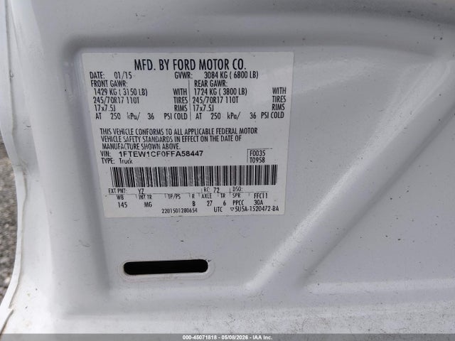 45071818 :رقم المزاد ، 1FTEW1CF0FFA58447 vin ، 2015 Ford F-150 Xlt مزاد بيع