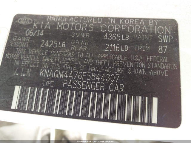 Aukcja sprzedaży 2015 Kia Optima Lx, vin: KNAGM4A76F5544307, numer aukcji: 45071819