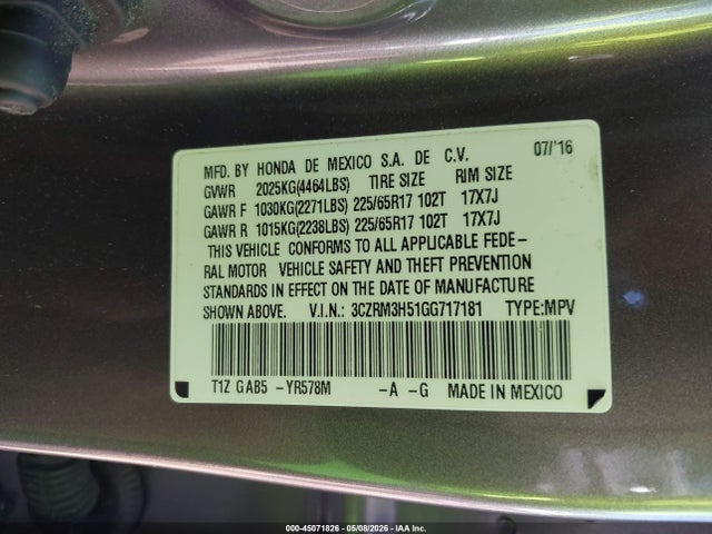 Продаж на аукціоні авто 2016 Honda Cr-v Ex, vin: 3CZRM3H51GG717181, номер лоту: 45071826