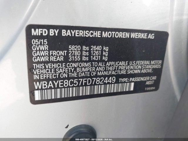 Aukcja sprzedaży 2015 Bmw 750li, vin: WBAYE8C57FD782449, numer aukcji: 45071827