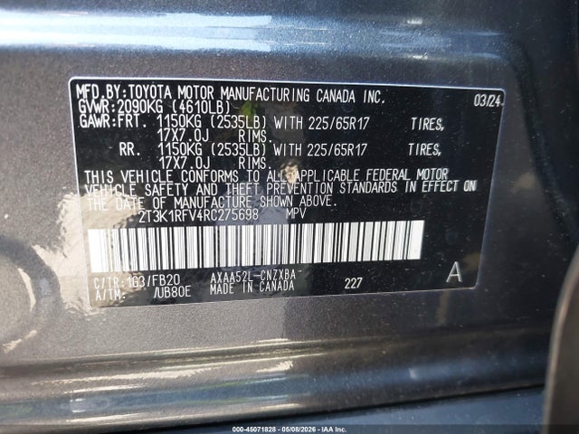 45071828 :رقم المزاد ، 2T3K1RFV4RC275698 vin ، 2024 Toyota Rav4 Le مزاد بيع