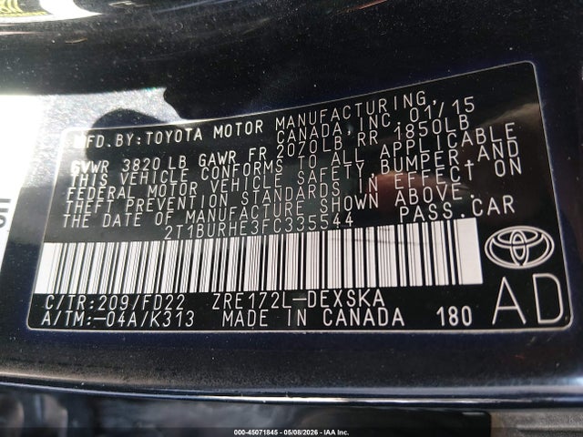 2015 Toyota Corolla S Plus მანქანა იყიდება აუქციონზე, vin: 2T1BURHE3FC335544, აუქციონის ნომერი: 45071845