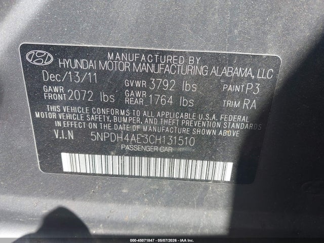 Продажа на аукционе авто 2012 Hyundai Elantra Gls, vin: 5NPDH4AE3CH131510, номер лота: 45071847