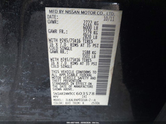 45071848 :رقم المزاد ، 5N1AR1NN9CC603578 vin ، 2012 Nissan Pathfinder S مزاد بيع