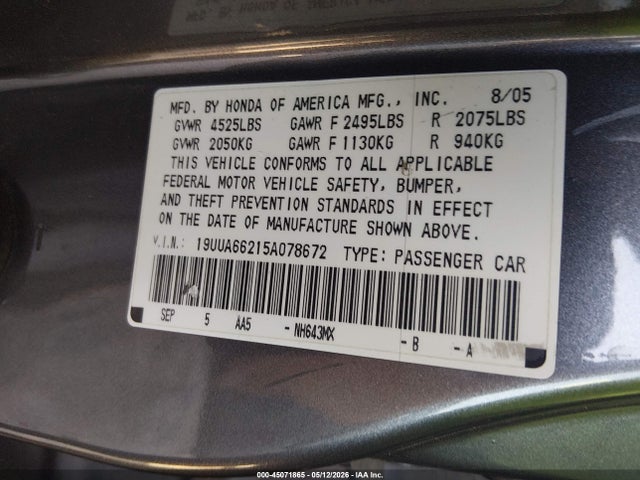 Продаж на аукціоні авто 2005 Acura Tl, vin: 19UUA66215A078672, номер лоту: 45071865