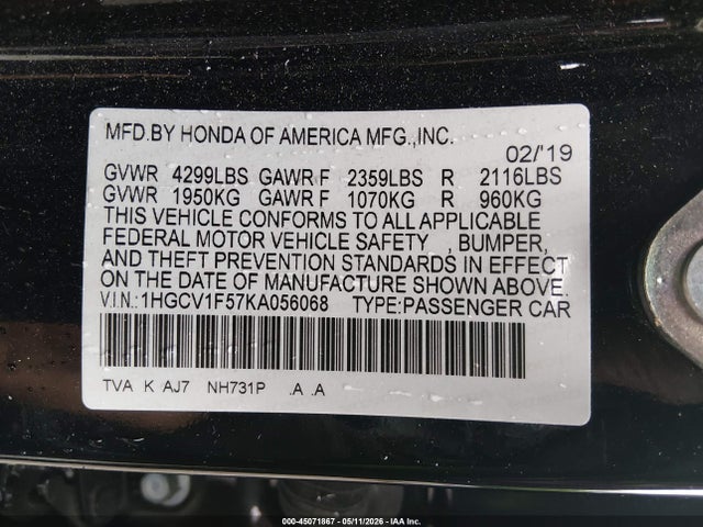 Продаж на аукціоні авто 2019 Honda Accord Ex-l, vin: 1HGCV1F57KA056068, номер лоту: 45071867