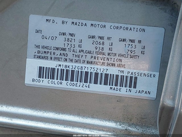 2007 Mazda Mazda3 I Sport მანქანა იყიდება აუქციონზე, vin: JM1BK32G871752127, აუქციონის ნომერი: 45071874