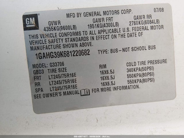 Продаж на аукціоні авто 2008 Chevrolet Express Ls, vin: 1GAHG39K681220682, номер лоту: 45071877
