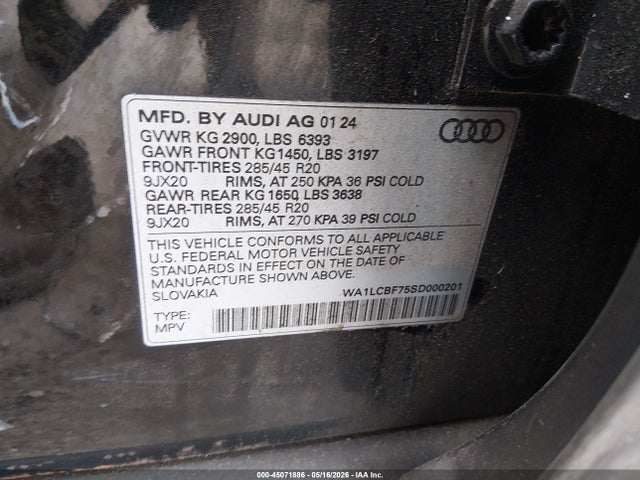 Aukcja sprzedaży 2025 Audi Q7 Premium Plus 45 Tfsi Quattro Tiptronic, vin: WA1LCBF75SD000201, numer aukcji: 45071886