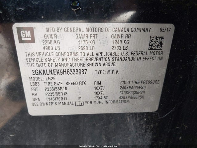Auction sale of the 2017 Gmc Terrain Sle-2, vin: 2GKALNEK9H6333937, lot number: 45071899