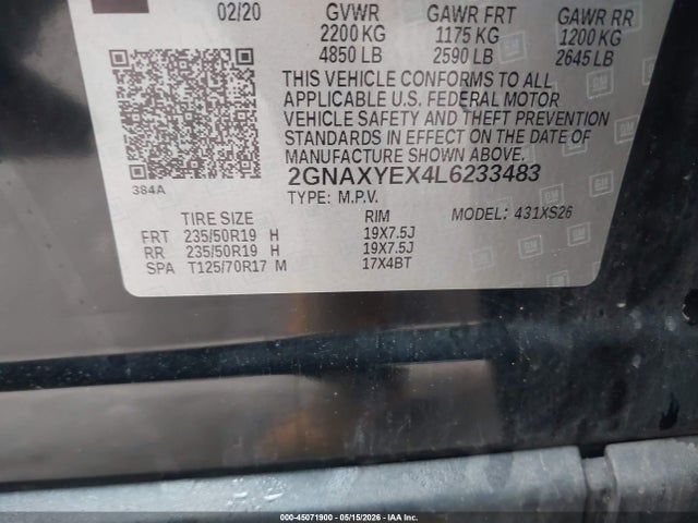 Продаж на аукціоні авто 2020 Chevrolet Equinox Awd Premier 2.0l Turbo, vin: 2GNAXYEX4L6233483, номер лоту: 45071900