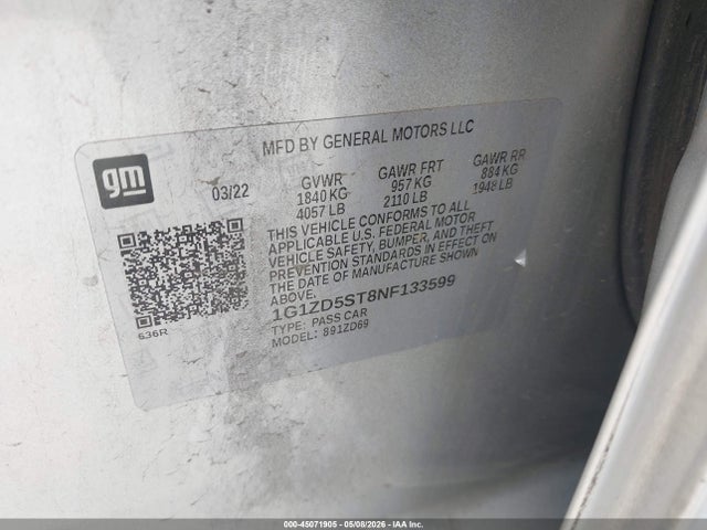 Продаж на аукціоні авто 2022 Chevrolet Malibu Fwd Lt, vin: 1G1ZD5ST8NF133599, номер лоту: 45071905