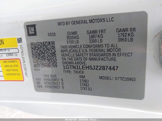 45071927 :رقم المزاد ، 1GTN1LEH5JZ287447 vin ، 2018 Gmc Sierra 1500 مزاد بيع