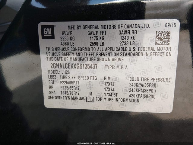 Продажа на аукционе авто 2016 Chevrolet Equinox Lt, vin: 2GNALCEKXG6135437, номер лота: 45071928