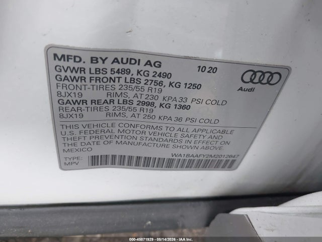 45071929 :رقم المزاد ، WA1BAAFY2M2012647 vin ، 2021 Audi Q5 Premium Plus 45 Tfsi Quattro S Tronic مزاد بيع